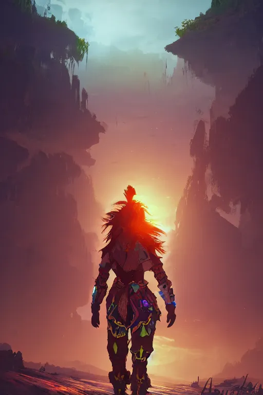 Image similar to combination suit armor aloy horizon forbidden west horizon zero dawn radiating a glowing aura global illumination ray tracing hdr fanart arstation by ian pesty and alena aenami artworks in 4 k tribal robot ninja mask helmet backpack