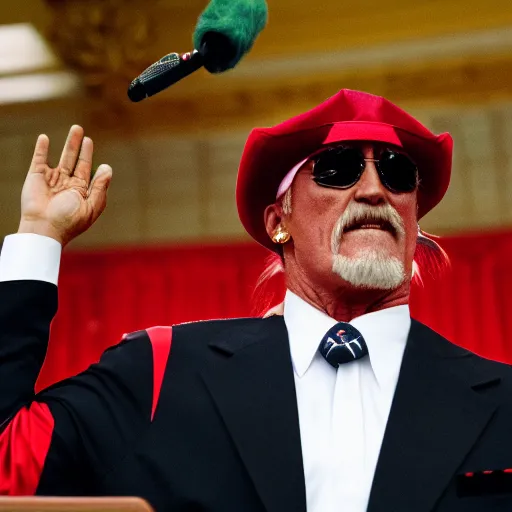 Prompt: close up photo of hulk hogan being sworn in as president of the united states, Sigma 24mm f/8