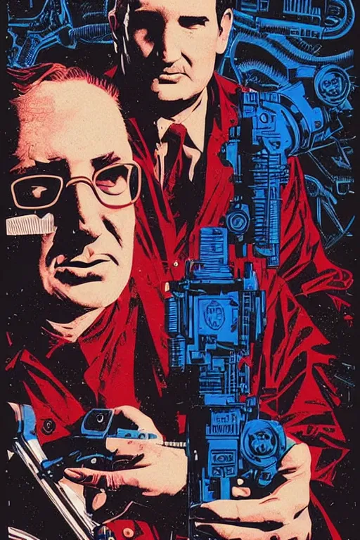 Image similar to Ted Cruz is the zodiac killer unmasked, horror, slasher, retro cover, high details, intricate details, by vincent di fate, artgerm julie bell beeple, 90s, inking, vintage 90s print, screen print