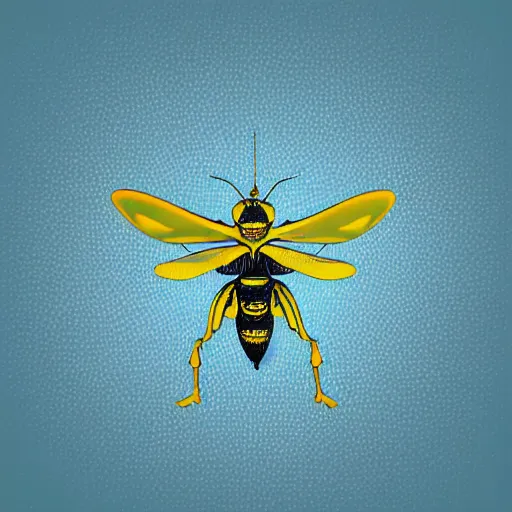 Image similar to human man that resembles a wasp morh in surreal sketch style, blue and yellow gradient, noise, ultrafine detail, hd 8k, logo illustration