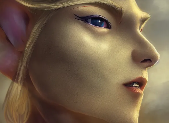 Image similar to digital painting of an elf with blonde hair, concept art, matte painting, digital painting, realism, side lighting XF IQ4, f/1.4, ISO 200, 1/160s, 8K, RAW, unedited, symmetrical balance, in-frame