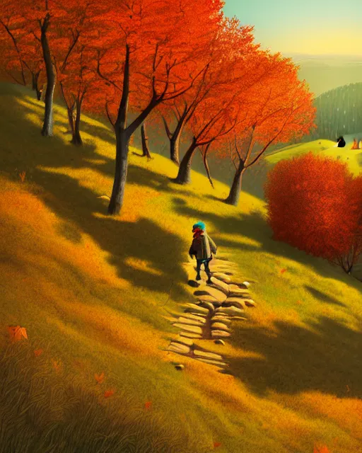 Image similar to autumn hillside boy hiking illustration detailed, by quentin mabille