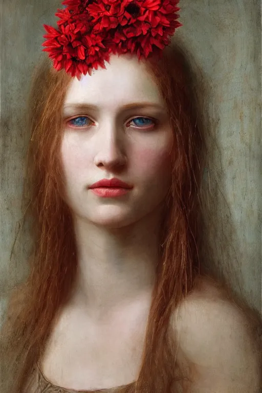 Prompt: hyperrealism close-up portrait of thousands red flowers merged with with medieval female, pale skin, wearing dark silk, in style of classicism