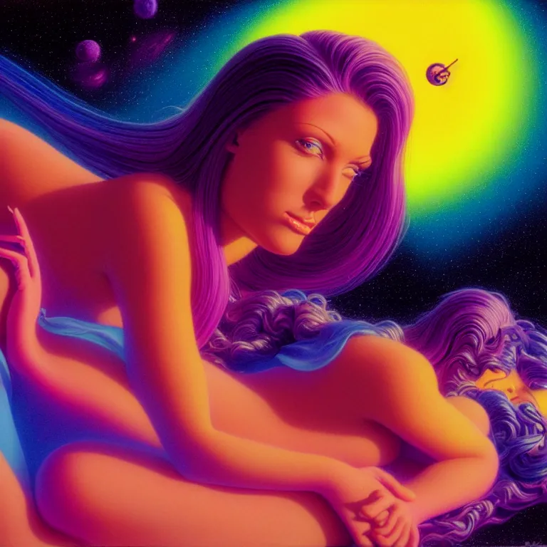 Image similar to cosmic girl, 2 0 yo, reclining close - up, bright neon colors, highly detailed, cinematic, panoramic, tim white, michael whelan, roger dean, bob eggleton, philippe druillet, vladimir kush, kubrick, alfred kelsner, boris vallejo