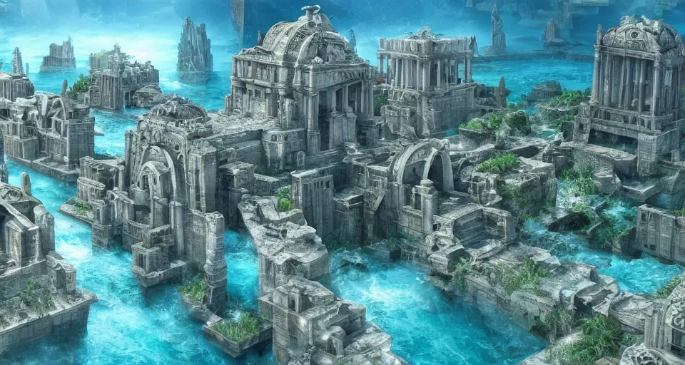 Prompt: the lost city of Atlantis, underwater, epic view, epic lighting, fully built buildings, white marble, hyper detailed, 4K