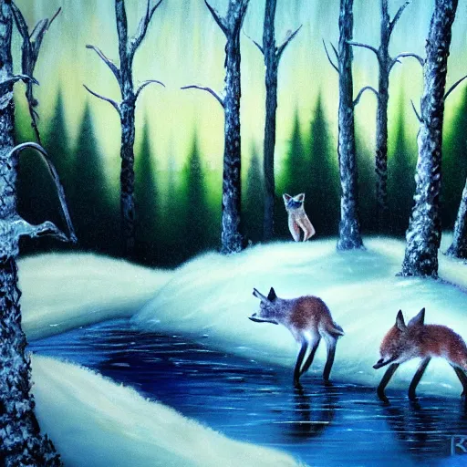 Prompt: photorealistic photograph of an arctic forest with foxes frolicking around by Bob Ross