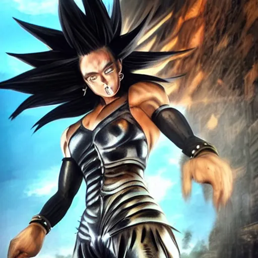 Image similar to warrior girl, muscular girl, wild spiky black saiyan hair, long spiky hair, electrified hair, wearing chrome silver armor and black spandex pants, ultra realistic, intricate details, highly detailed, subsurface scattering, photorealistic, octane render, 8 k, art by artgerm, greg rutkowski, magali villeneuve, alphonse mucha