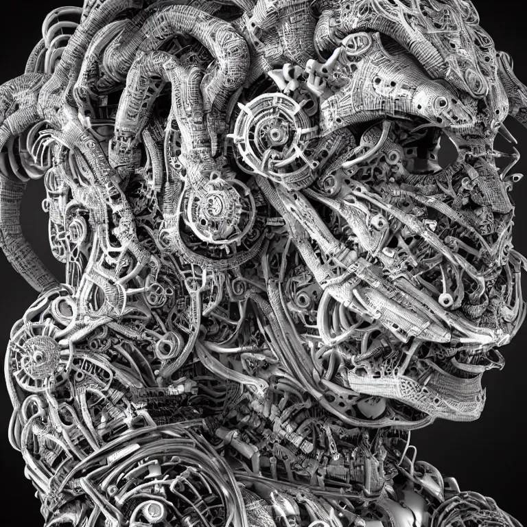 Prompt: surreal biomechanical spinal ribbed tribal exotic organic face portrait of mechanical cyborg, beautiful detailed intricate insanely detailed BW 3D render digital art, octane render, 8K artistic photography, photorealistic