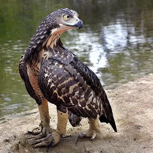 Prompt: hawk and crocodile morphed together, half crocodile, half hawk, real picture taken in zoo, realistic hawk proportions, head of crocodile is seamlessly merged with hawk