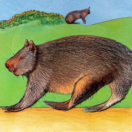 Image similar to A wombat riding a bicycle on a dirt path with german mountains as a background, In The Style of Carl Larsson