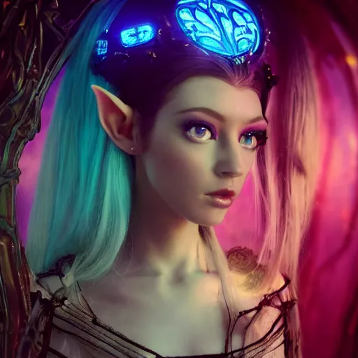 Image similar to A still of an ethereal, mysterious stunning maximalist mesmerizing elven girl with elf ears from the rainbow sky paradise in Tron: Legacy (2010), high-tech, professional high fashion model photo shoot for Victorian gothic lolita fashion, hyperdetailed by Mark Ryden and artgerm and Hiroyuki-Mitsume Takahashi, close-up 35mm macro shot, hyperrealism, 8k resolution 3D, cinematic, dynamic lighting, octane render, unreal engine 5