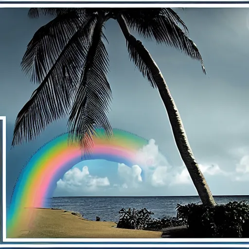 Image similar to miracle musical Hawaii part ii album cover, showing an ocean in the background, spiral transparent stairs on the left with tall palm trees behind it, a slight rainbow in the background, white outline border, moon in the right top area black and white except for the rainbow album cover