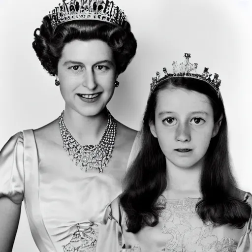 Image similar to A portrait photo of queen elizabeth teams up with a teenage queen elizabeth, perfect faces, 50 mm, award winning photography