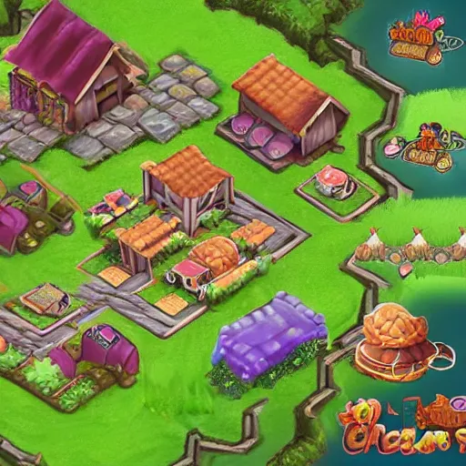 Image similar to concept of a farming mobile game with fantasy style, clash of clan style, vietnam inspiration, pastel color, relax, in the country side