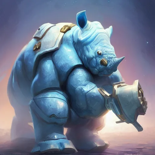 Prompt: An adorable blue rhino wearing galactic battle armor, action pose, highly detailed, digital painting, artstation, concept art, smooth, sharp focus, studio light, by Justin Gerard and Jason Chan and riot studios,