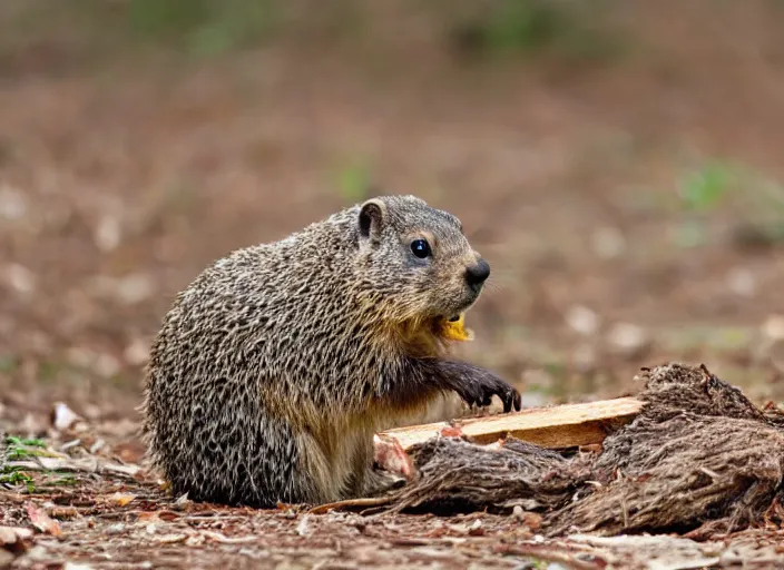 Prompt: a groundhog eating wood