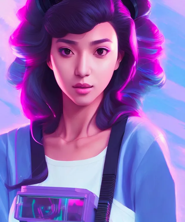 Image similar to beautiful portrait of sana from twice as a sci fi woman, with vaporwave aesthetic by artgerm, yuumei, makoto shinkai, concept art by james gilleard, artstation, cgsociety, synchromism, 8 0 s animation flat cell shaded. with thick black pencil lines!!!!