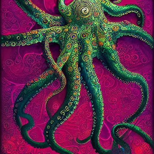 Image similar to depicting an octopus, in the style of h. p. lovecraft, exuberant organic elegant forms, by karol bak and filip hodas : : 1. 4 purple, red, blue, green, black intricate mandala explosions : : intuit art : : turbulent water backdrop : : damask wallpaper : : atmospheric