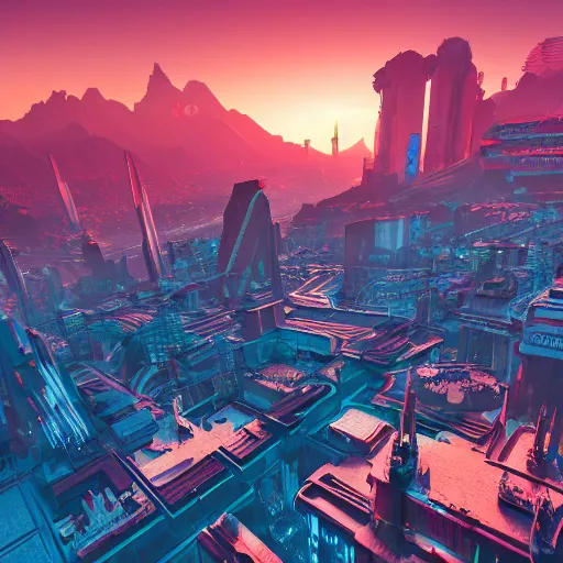 Prompt: beautiful sunset over detailed cyberpunk city in a valley surrounded by epic mountains with snowtops, sharp, highly detailed, hyperrealistic, kacper niepokolczycki, syd mead, 4 k, perfect geometry