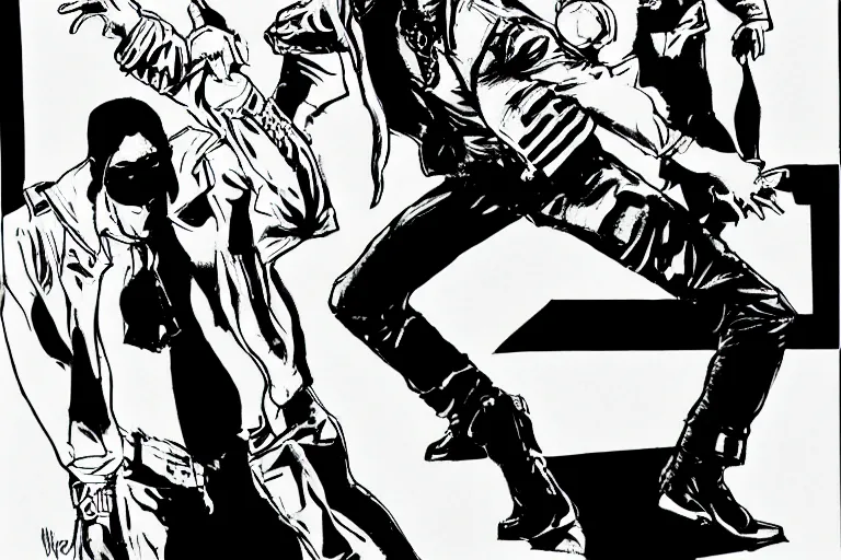 Image similar to michael jackson dancing, a page from cyberpunk 2 0 2 0, style of paolo parente, style of mike jackson, adam smasher, johnny silverhand, 1 9 9 0 s comic book style, white background, ink drawing, black and white