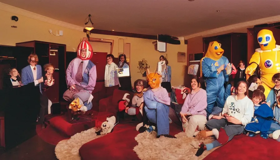 Image similar to 1990s candid photo of a beautiful day in the living room, cinematic lighting, cinematic look, golden hour, large costumed mascot business people giving spaceship presentations to families, Enormous personified business people with outstandingly happy faces coming out of a portal and talking to families about space and planets, UHD