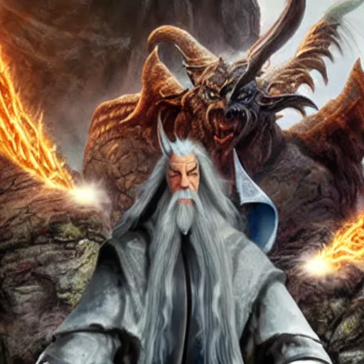 Image similar to Selfie taken by an overconfident Gandalf the Grey on the Bridge of Khazad Dum, a balrog looming in the background,