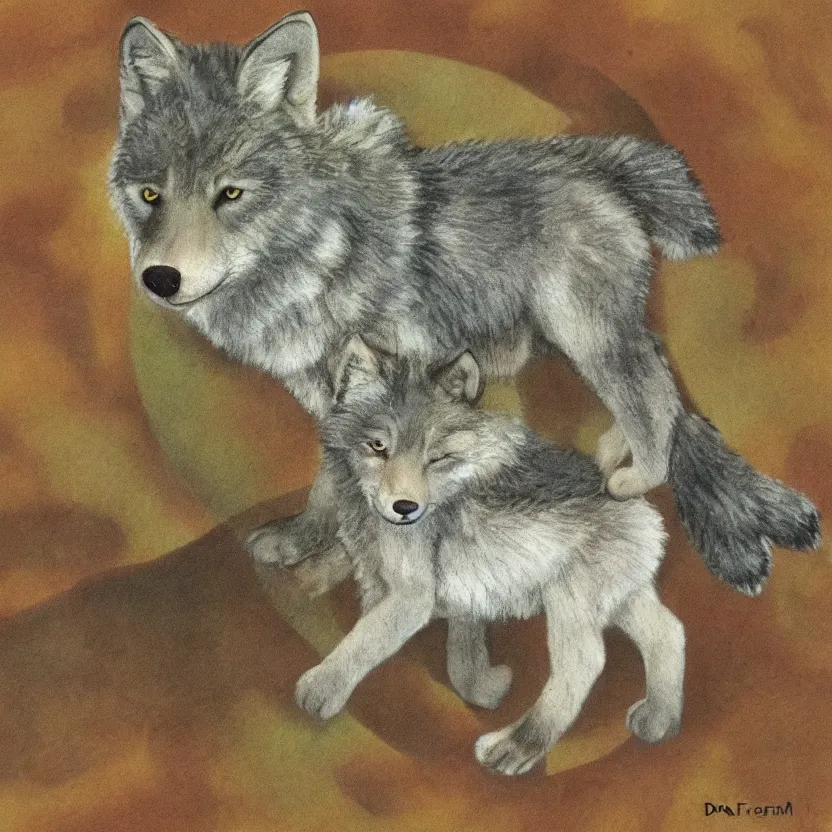 Prompt: one baby wolf on a hill illustrated by Don Freeman in the style of Corduroy