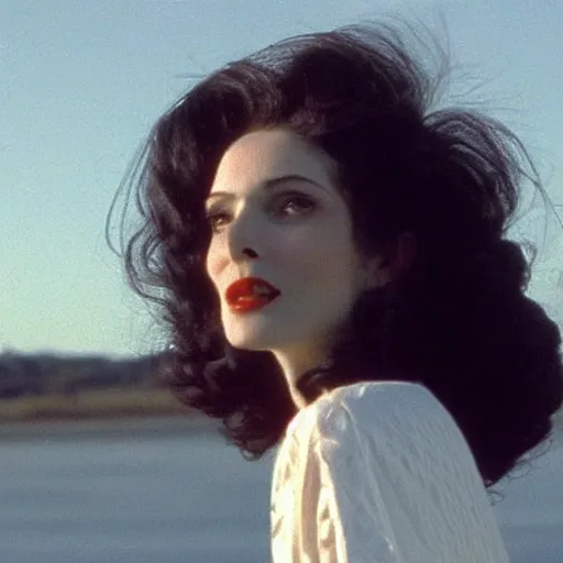 Image similar to natural 8 k shot from a 2 0 0 5 romantic comedy by sam mendes of hedy lemarr with natural face, natural skin, beauty spots and very small lips. she stands and looks on the horizon with winds moving her hair. fuzzy blue sky in the background. small details, natural lighting, 2 4 mm lenses, sharp focus