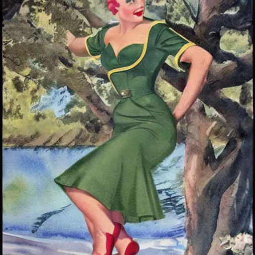 Image similar to full body pin up post war dressing a military unioform,with a park in the back ground, water color, Gil Elvgren style