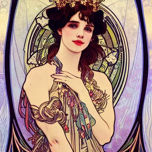 Image similar to emma roberts portrait by louis - theophile hingre and alphonse mucha, realistic, sharp focus, zodiac signs, tarot cards, planets, ethereal, art nouveau, magic, moon, sun, crown, dreamy, royal, jewellery