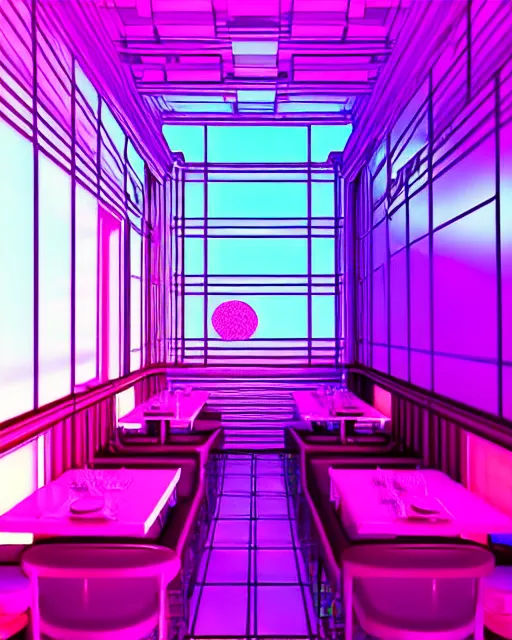 Prompt: synthwave vaporwave maximalist detailed restaurant lofi purple blue retro dreamcore render realistic 3 d by seerlight trending on instagram