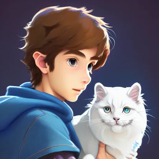 Image similar to teen boy with brown hair and big blue eyes, wearing a hoodie, holding a fluffy white persian cat, natural lighting, path traced, highly detailed, high quality, digital painting, by don bluth and ross tran and studio ghibli and alphonse mucha, artgerm, breath of the wild