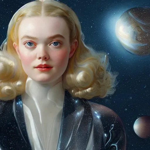 Image similar to leyendecker and peter paul rubens, head and shoulders portrait of a elle fanning in space, unreal engine, fantasy art by global illumination, radiant light, detailed and intricate environment