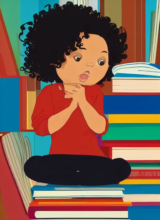 Image similar to a little girl with curly brown hair sits cross legged on top of a tall pile of books. she is reading. clean pretty cartoon painting, cel shaded, minimal outlines, beautiful detailed face.