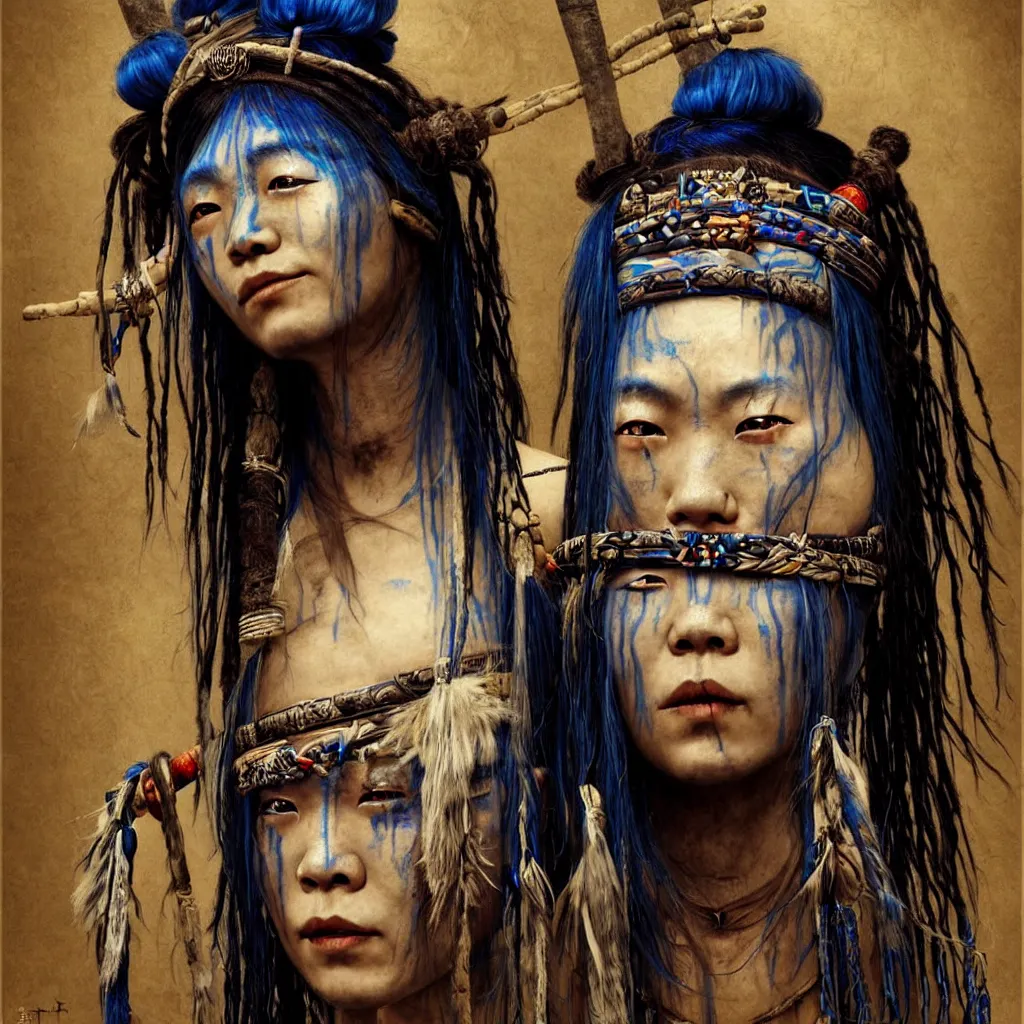 Image similar to A young blindfolded shaman japanese woman with a decorated headband performing a pagan ritual, in the style of heilung, blue hair dreadlocks and wood on her head, tribal piercing and tatoos , atmospheric lighting, intricate detail, cgsociety, ambient light, dynamic lighting, art by karol bak