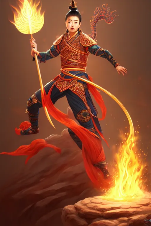 Image similar to handsome nezha, highly detailed, man holding spear, flame everywhere, epic pose, masterpiece chinese fantasy character portrait, highly detailed, digital painting, trending on artstation, concept art, sharp focus, illustration, global illumination, ray tracing, realistic shaded, art by artgerm and greg rutkowski and fuji choko and viktoria gavrilenko and hoang lap