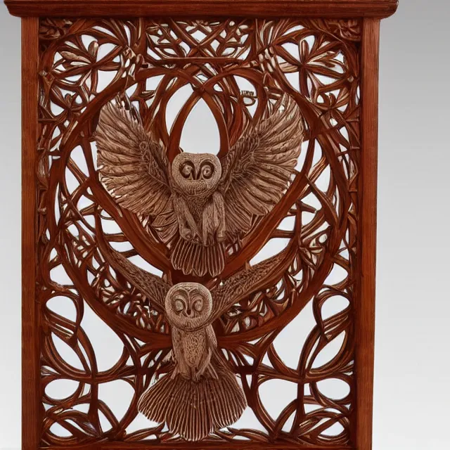 Prompt: a 3 d wooden mahogany art nouveau carved sculpture of a barn owl, in front of a delicate tracery pattern, intricate and highly detailed, well - lit, ornate, realistic, polished with visible wood grain