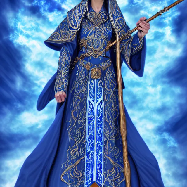 Prompt: elemental sky witch in ornate blue and white robes and staff, highly detailed, 8 k, hdr, anne stokes