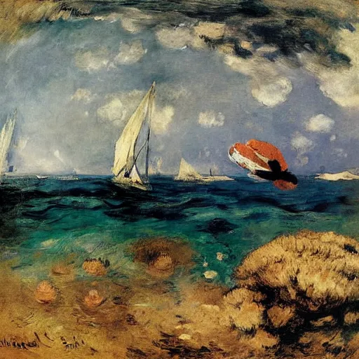 Image similar to underwater scene of a coral reef teeming with aquatic life, by Gustave Courbet Edouard Manet Jean-Francois Millet