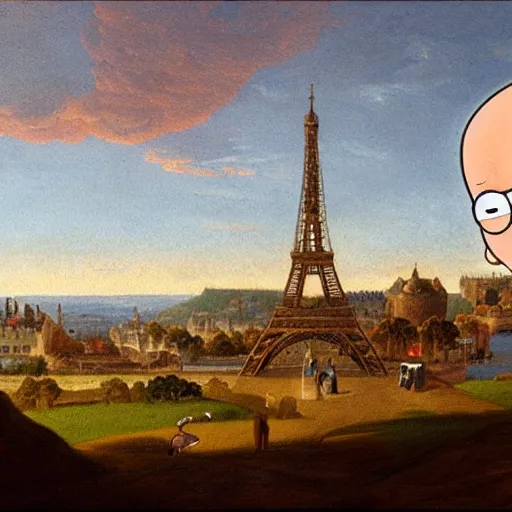 Image similar to Peter Griffin visits 1750 Paris , in the style of the Hudson River School