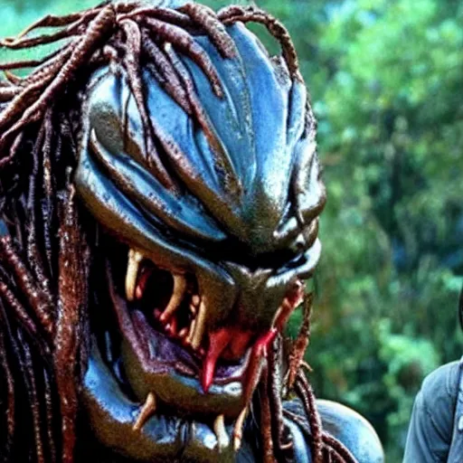 Image similar to forest gump replaced by a monster from the movie predator, still movie shot