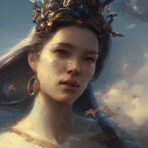 Image similar to a beautiful portrait of a sky goddess by Greg Rutkowski and Raymond Swanland, Trending on Artstation, ultra realistic digital art