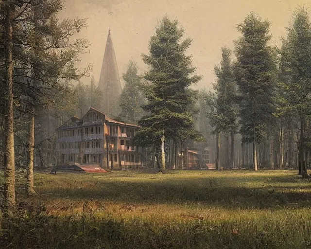 Image similar to beautiful matte painting of cute soviet block of flats hrushevka in end of forest by ivan shishkin