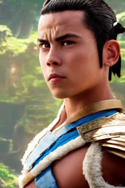 Image similar to jake t. austin as sokka in the live action remake of avatar the last airbender, 3 5 mm photography, highly detailed, cinematic lighting, 4 k