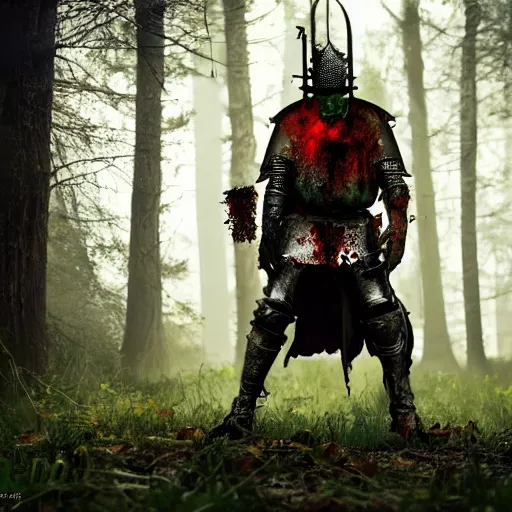 Prompt: a zombie knight in a scary forest, 8 k, shallow depth of field, 8 k, ultra high detail, concept art,