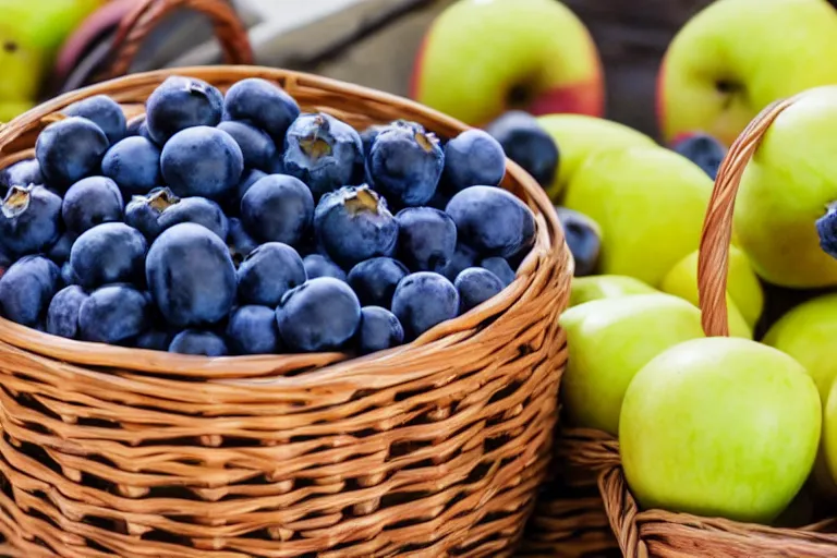 Prompt: a basket of apples, a basket of bananas, a basket of blueberries