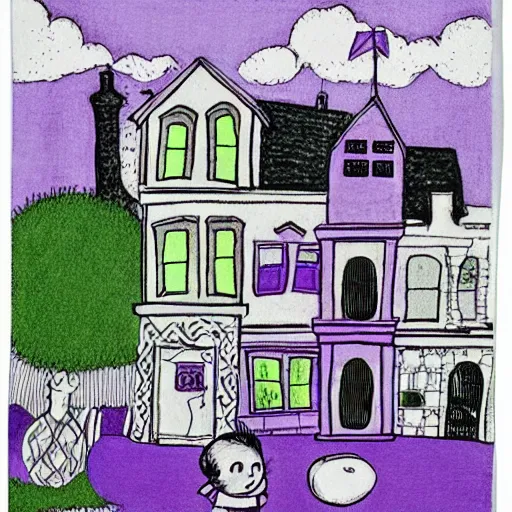 Image similar to Harold and the Purple Crayon in black and white with a purple door and a purple crayon by Maurice Sendak, illustrated as a children's book