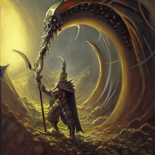 Image similar to arrogant knight casually pokes his sword into the abyssal portal, only to be met with unimaginable horrors from beyond, dark fantasy, oil painting, high detail