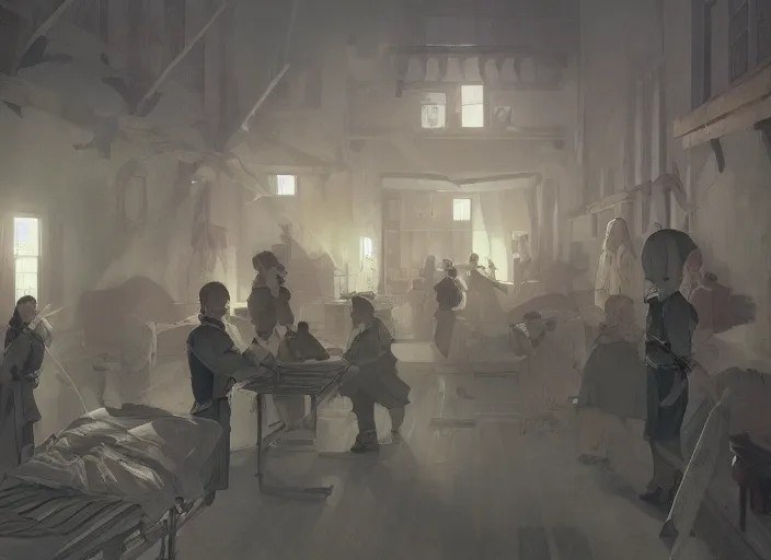 Image similar to 1 8 5 4 crimean war, army hospital in scutari at night, wounded patients in beds on both sides of hospital ward, finely detailed perfect art, painted by greg rutkowski makoto shinkai takashi takeuchi studio ghibli