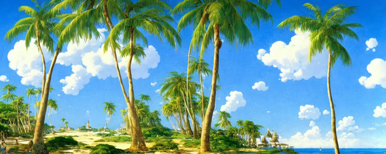 Image similar to ghibli illustrated background of a strikingly beautiful blue sky with puffy white clouds over a tropical beach with palm trees by eugene von guerard, ivan shishkin, john singer sargent, 4 k